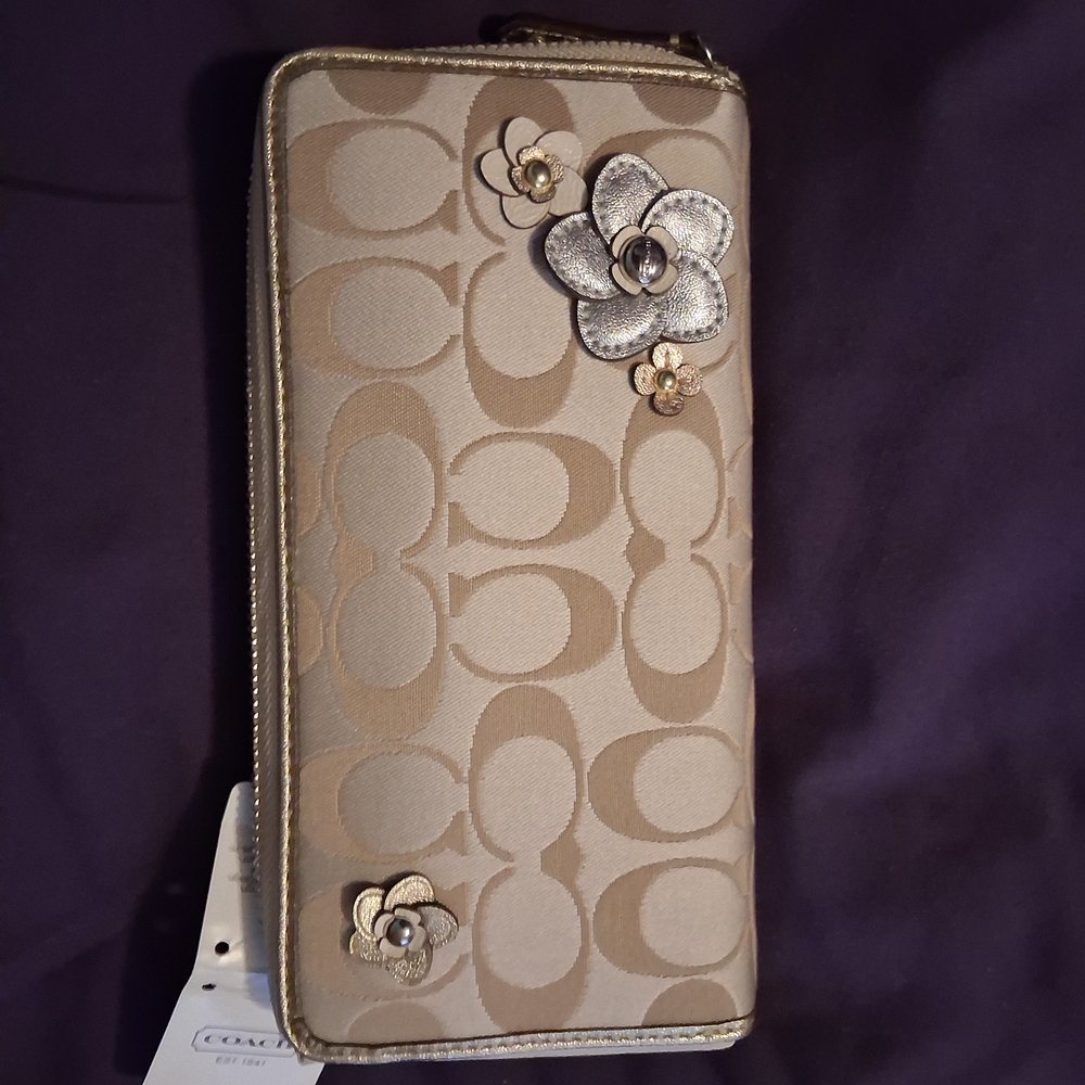 Coach Beige Signature Floral Zip-Around Wallet
